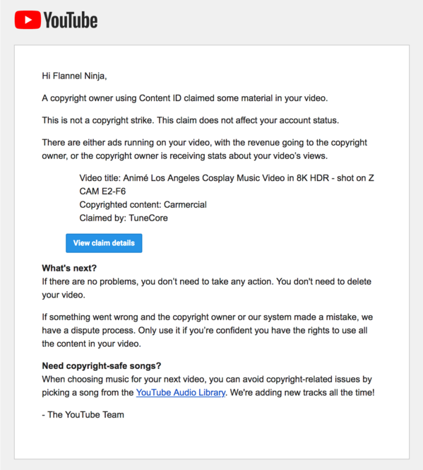YouTube copyright claim notice