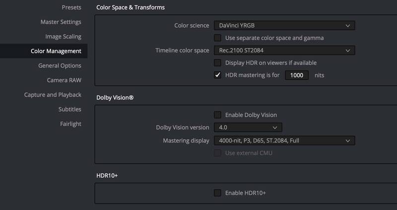 Settings for HDR grading.