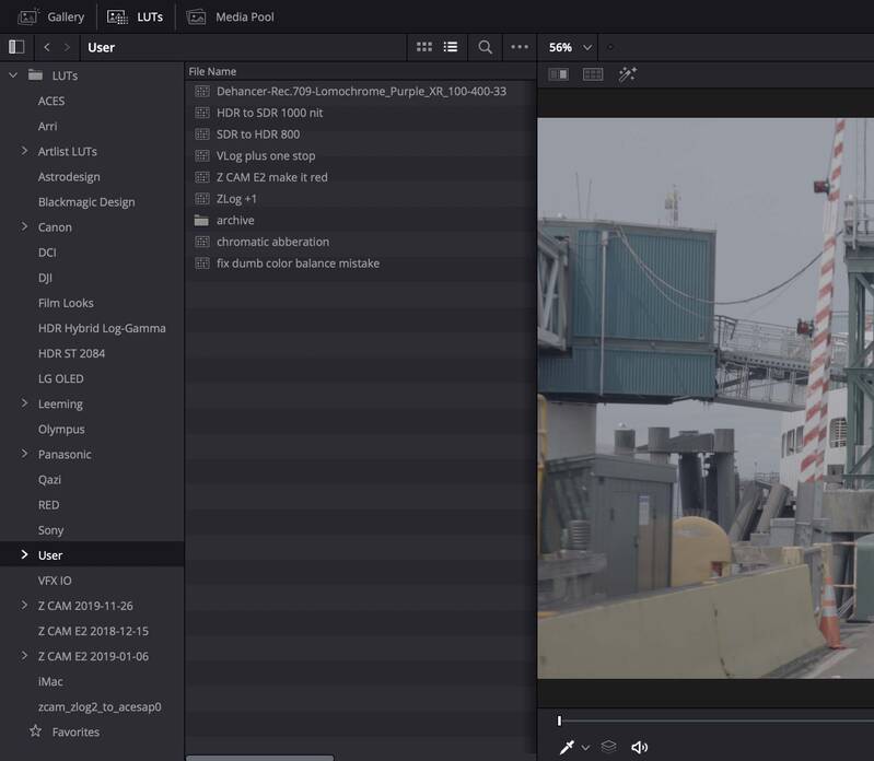 The LUTs section in Resolve.